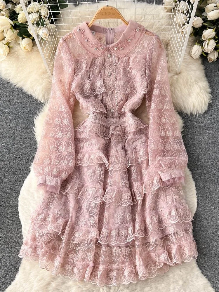 

Женское платье с цветочной вышивкой, летнее многослойное платье с длинным рукавом, бусинами и каскадными оборками