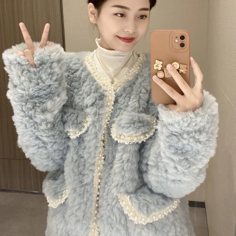 2024 Autumn Winter New Lamb Hair Round Neck Elegant Small Fragrant Wind Thick Coat Women's Pink Thickened Warm Fluffy Jacket