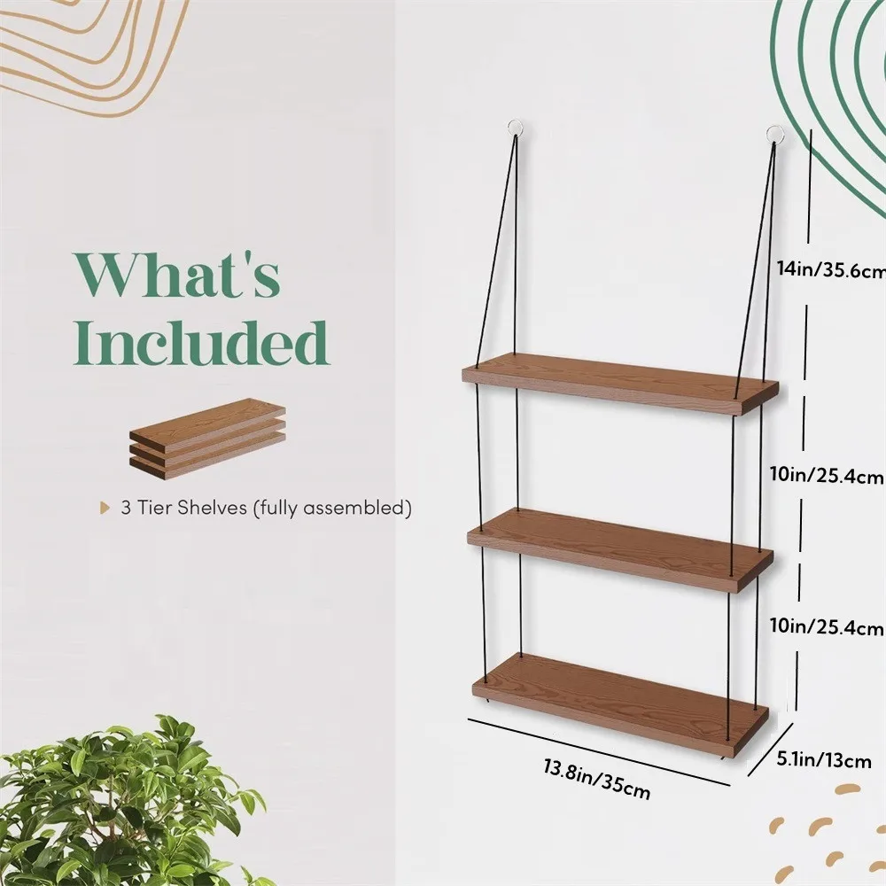 Wood Floating Shelf 3 Tier For Wall Cute Boho Plants Shelves Plant Shelves for Bedroom Living Room Decor Macrame Floating Shelf 6