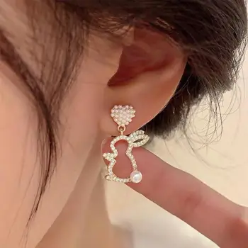 925 Silver Needle Korean Fashion Crystal Little Rabbit Drop Earrings For Women Jewelry 2025 Trending Cute Pearl Heart Earrings