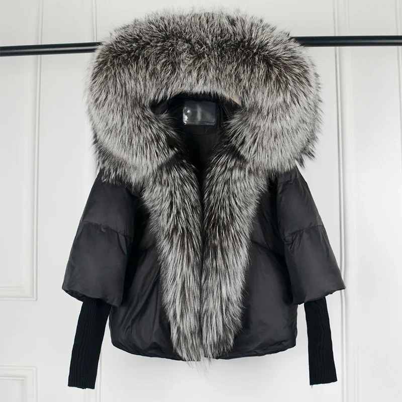 

2024 New Winter Large Real Sliver Fox Fur Trim Knitted Sleeve Puffer Jacket Women Loose Thickened Parka Casual Duck Down Coat