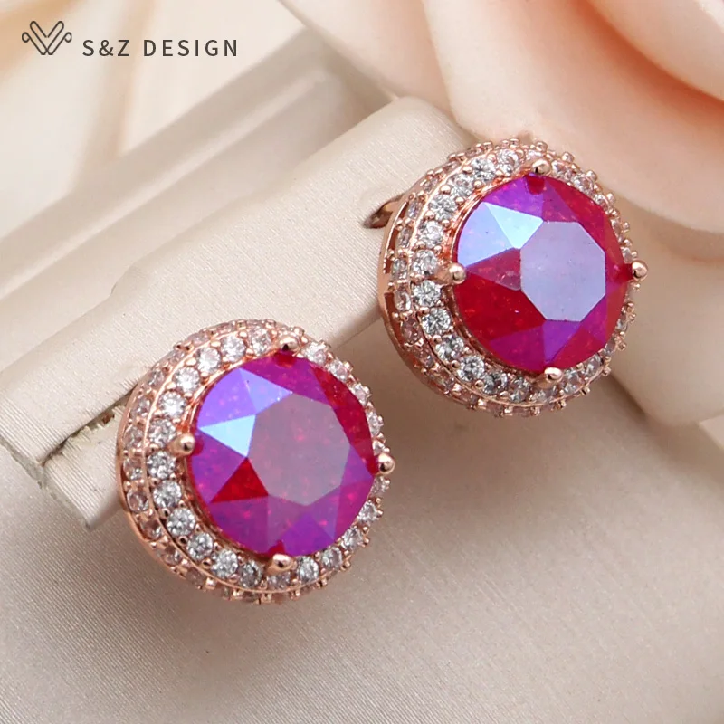 S&Z DESIGN New Fashion Round Ice Crack Crystal Dangle Earrings For Women 585 Rose Gold Color Cubic Zirconia Jewelry Gift