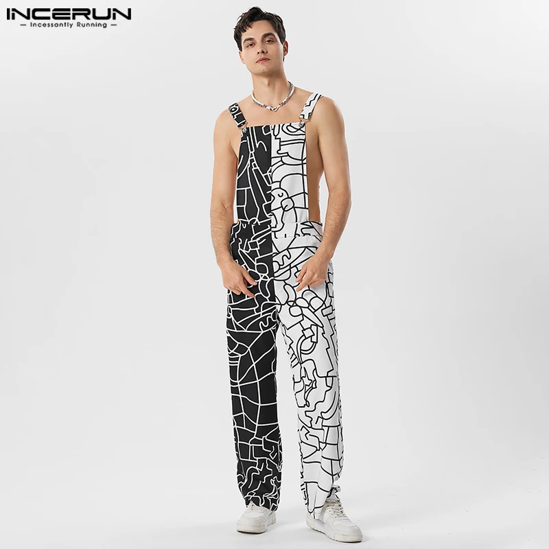 

Party Shows Style Jumpsuit Men's Black&White Contrast Color Graffiti Hollow Jumpsuits INCERUN Casual Sexy Hot Sale Rompers S-5XL