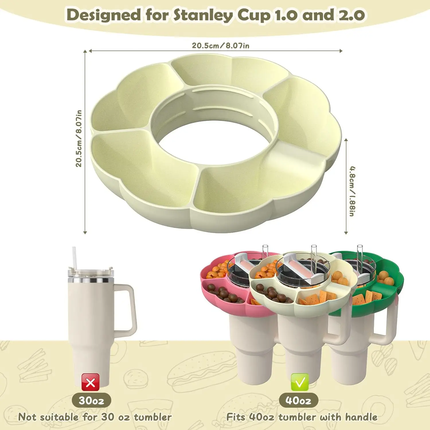 Fockety Ciotola Snack per, Vassoio Snack a 3 Scomparti con Coperchio, Anello Snack Riutilizzabile Porta Snack Compatibile con Bicchiere Stanley da 40 Oz con Manico