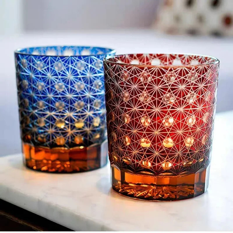 8.5 oz Classical Edo Kiriko Colored Crystal Whisky Tumbler Hand Cut To Clear Bar ware Glasses