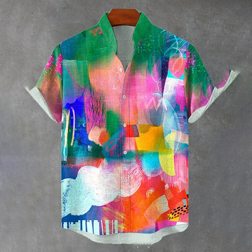 Men's Stand Collar Short Sleeve Shirt Bamboo Linen Fabric Crane Print Hawaiian Casual Loose Shirt