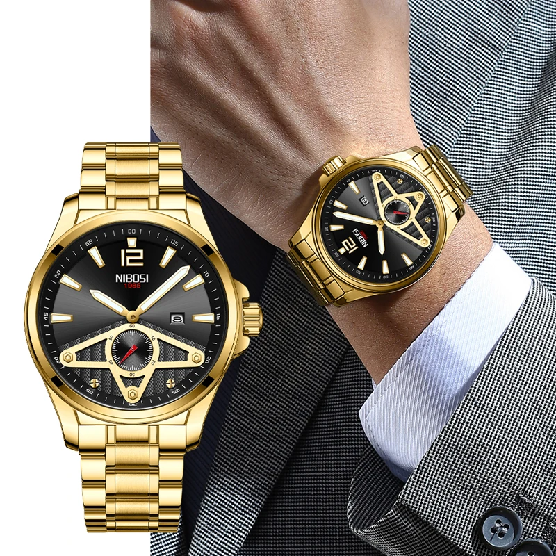 NIBOSI Fashion Mens Watches Top Brand Luxury Gold Stainless Steel Strap Waterproof Date Quartz Watch for Men Relogio Masculino