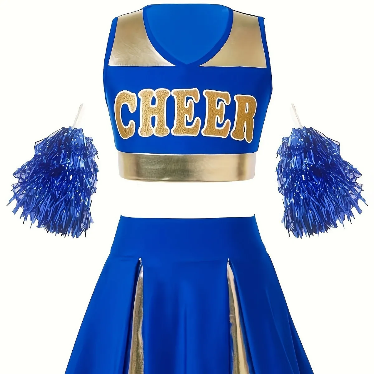 Cheerleading Costume V-neck Sleeveless Waist Revealing Top High Waisted A-line Short Skirt Color Blocked Performance Suit Set