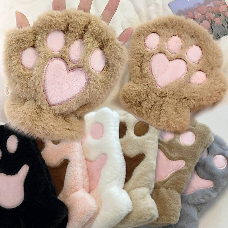 

New Women Cute Cat Claw Paw Plush Mittens Warm Soft Plush Short Fingerless Fluffy Bear Cat Gloves Costume Half Finger Party Gift