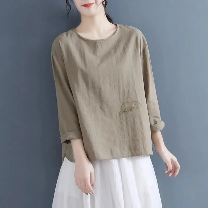 

Традиционная китайская винтажная блузка 2023, улучшенная хлопковая льняная блузка с цветочной вышивкой, Восточная блузка с круглым вырезом