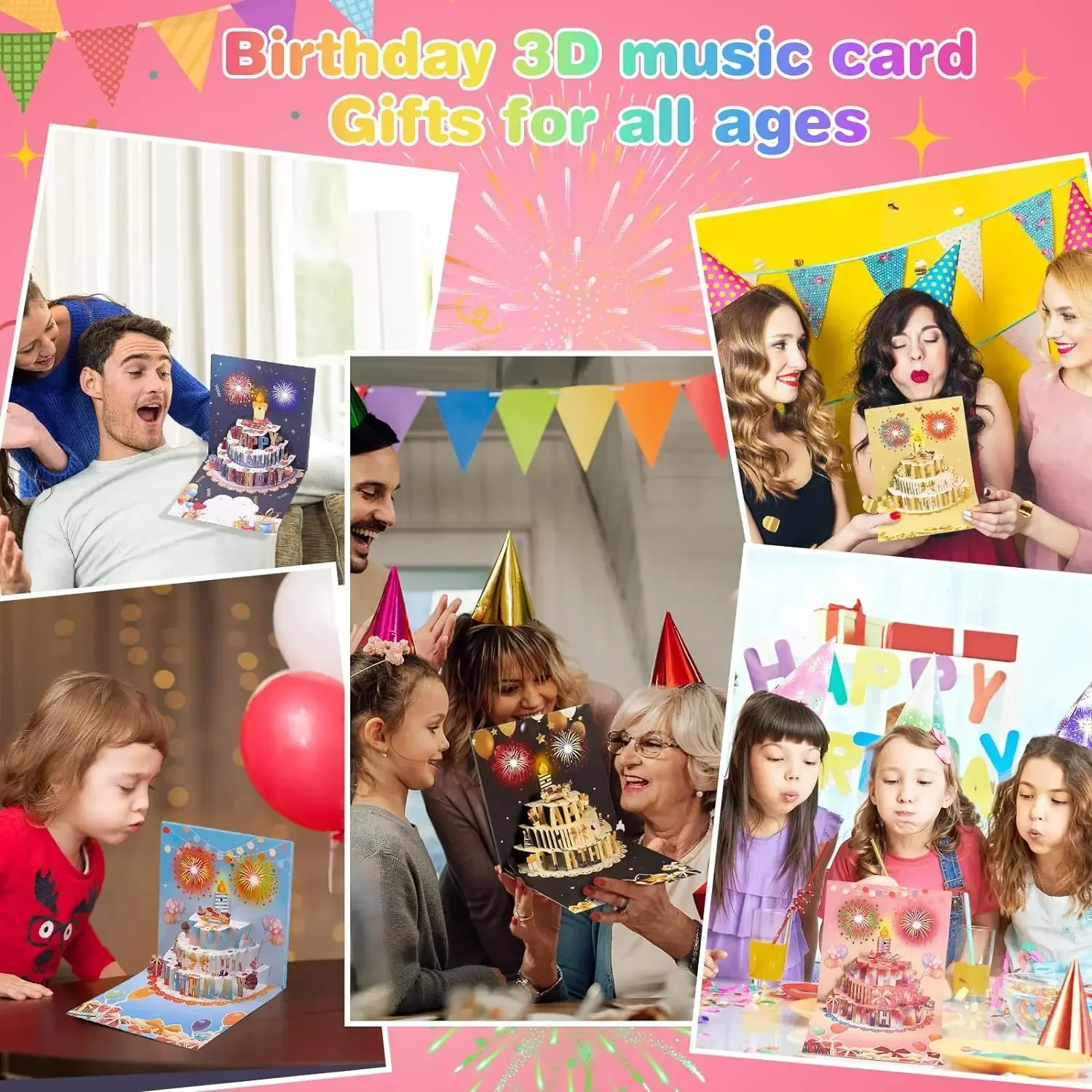 3D Pop Up Blowable Birthday Card with Lights Music Happy Birthday Card Firework Cake Greeting Gift for Wife Mom Kids greeting cards