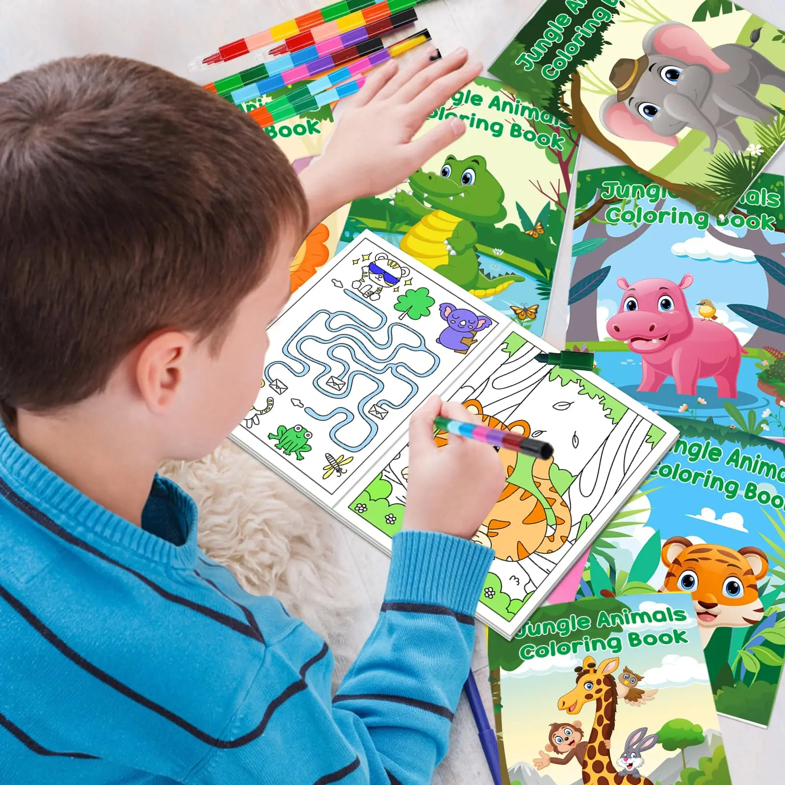 24Pcs Jungle Safari Animals Coloring Books for Kids with 24 Stacking Crayons Mini Coloring Book Party Favors Bulk Gifts 5