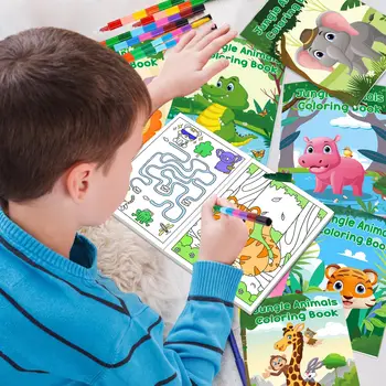24Pcs Jungle Safari Animals Coloring Books for Kids with 24 Stacking Crayons Mini Coloring Book Party Favors Bulk Gifts 5