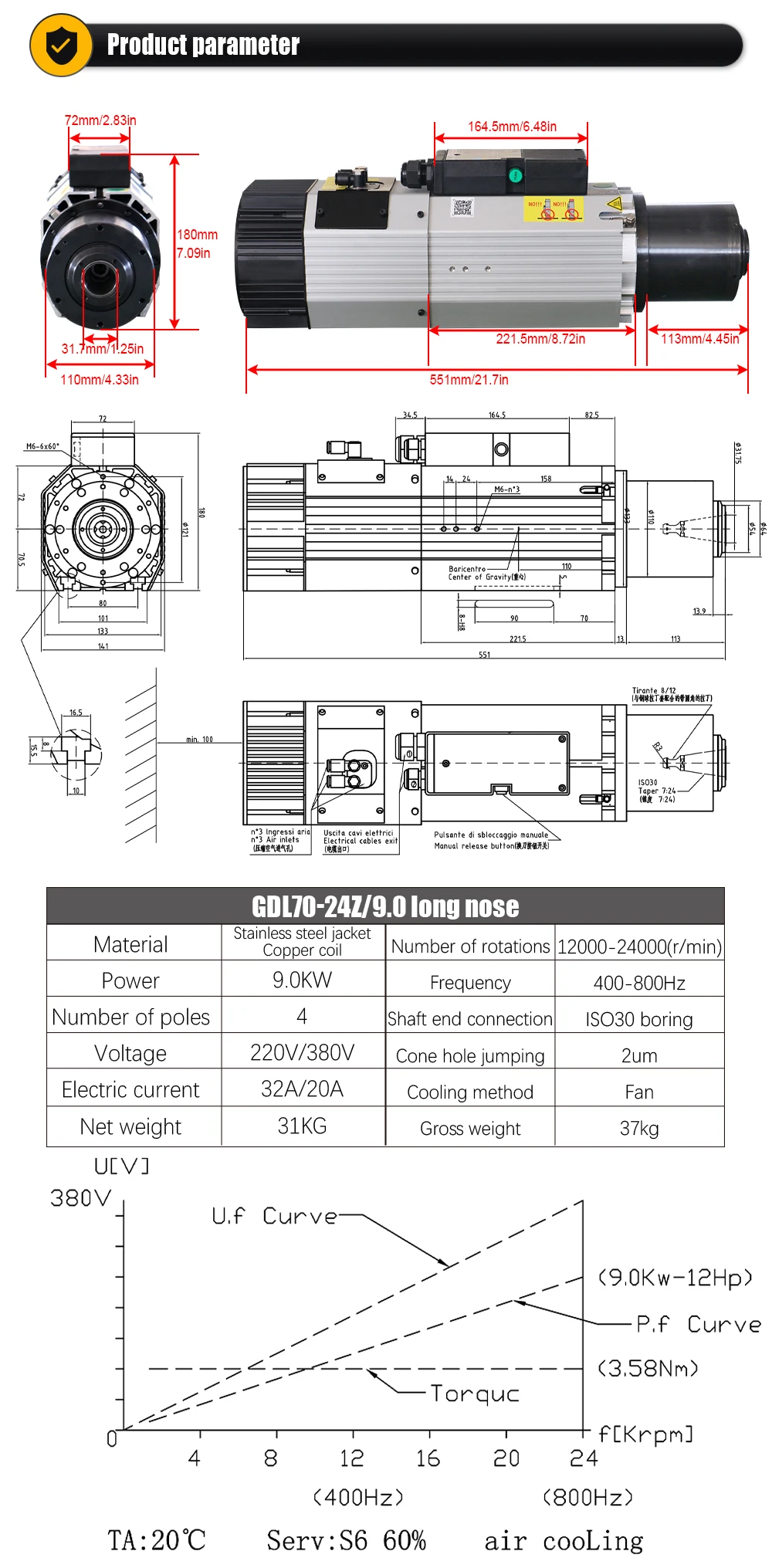 HQD 9KW ATC CNC Spindle Motor For wood Aluminium soft metal ISO30 24000rpm + 11k