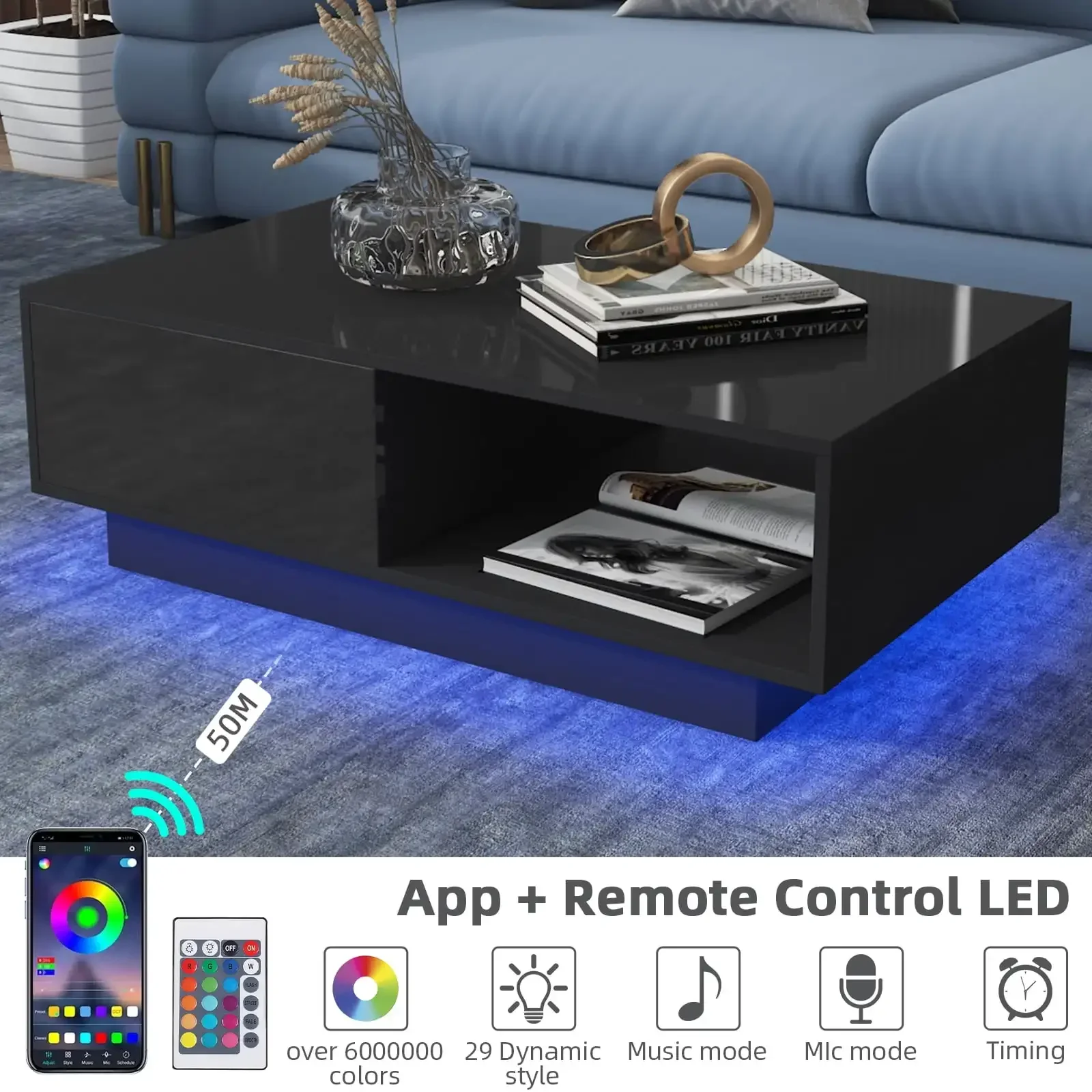 LED Coffee Table Modern Side Tables High Gloss Black Cocktail Table with 2 Drawers Open Shelf for Living Room 3