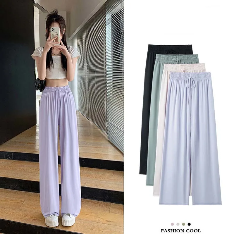 

Women Summer High Waist Ice Silk Casual Pants Dropped Loose Straight Cool Korean Y2k Streetwear Wide Leg Trousers New for Women