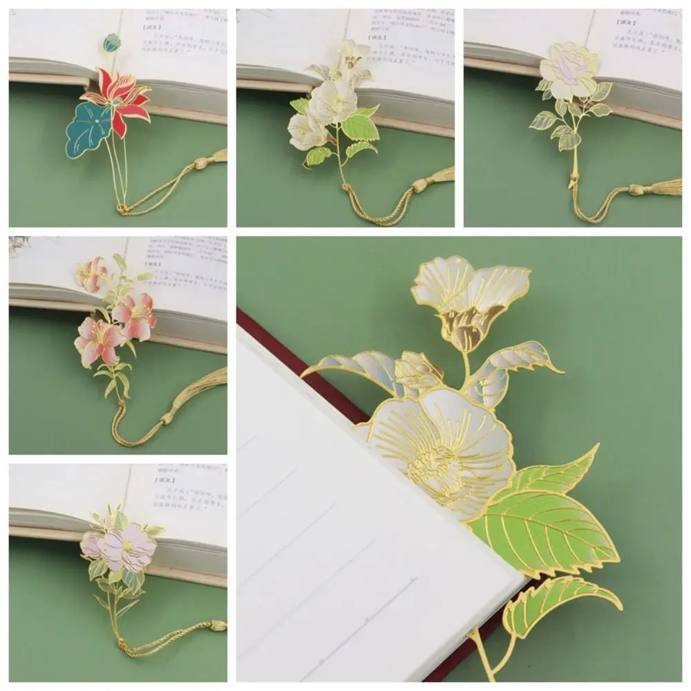 

Flower Book Clip Metal Flower Bookmarks Chinese Style Book Paginator Hollowed Tassel Bookmark Camellia Book Page Marker