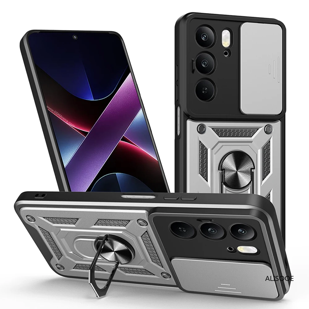 Enhanced Shockproof Armor Case with Slide Camera Cover and Ring Stand