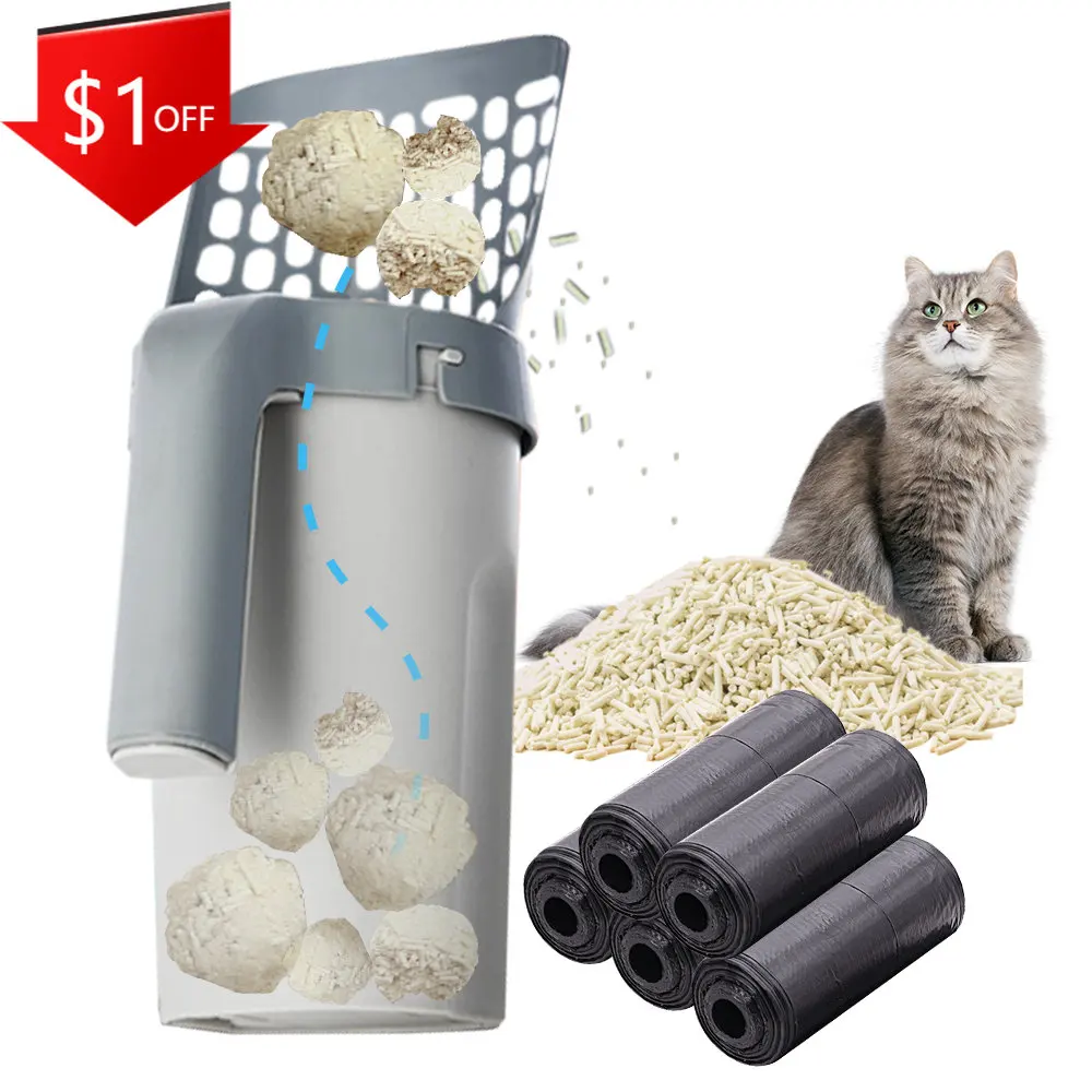 Cat Litter Scoop with Refill Bag Holder Integrated Detachable Deep Cat