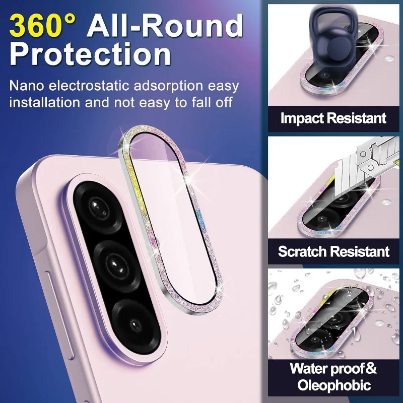 HD Glitter Metal Ring Camera Cover with Tempered Glass Lens Protector Film - Phone Accessory Set