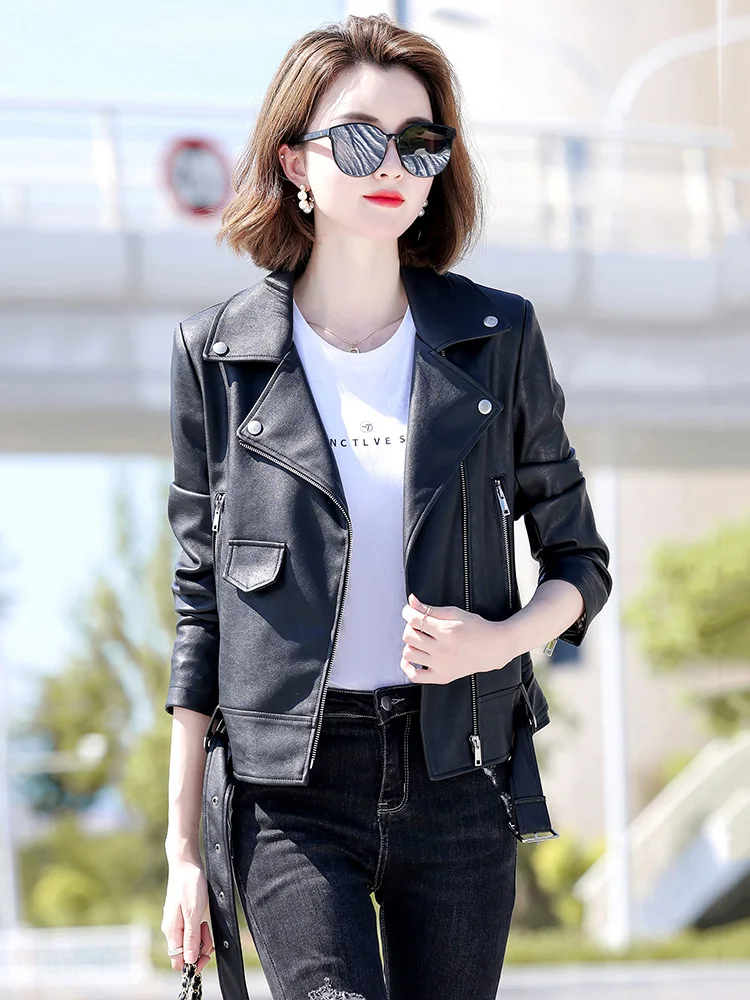 New Women Biker Leather Jacket Spring Autumn Fashion Cool Motor Style Suit Collar Sheepskin Short Coat Slim Jacket Split Leather