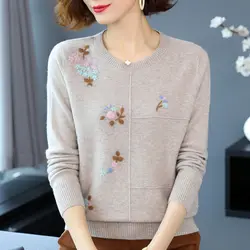 2023 New Spring and Autumn Fashion Commuting Simple Round Neck Embroidered Thread Casual Loose and Comfortable Women's Knitwear