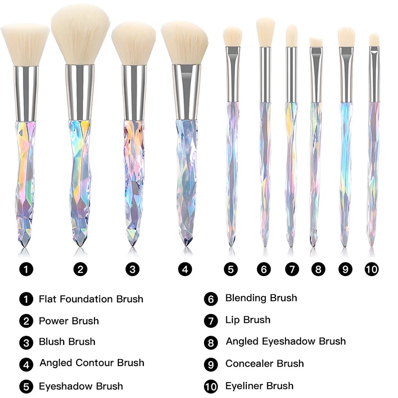 10PCS Professional Crystal Makeup Brush Set Include Powder Blush Contouring Eyeshadow Concealer Brushes Complete Makeup Tool Set