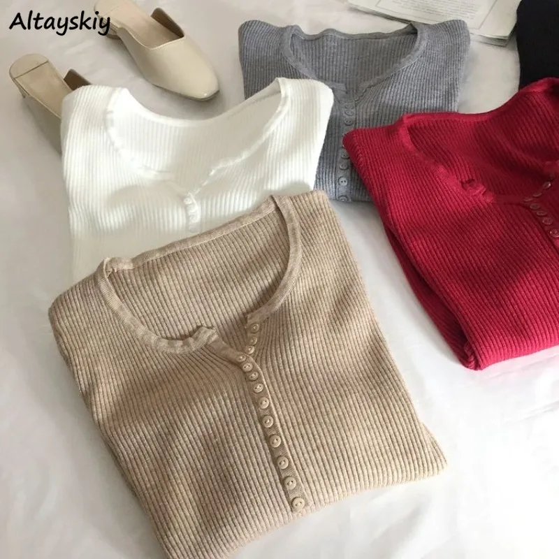 

Базовый свитер, пуловеры для женщин в стиле Харадзюку, 6 цветов, Женский Осенний топ с V-образным вырезом и длинным рукавом, Ulzzang Mujer