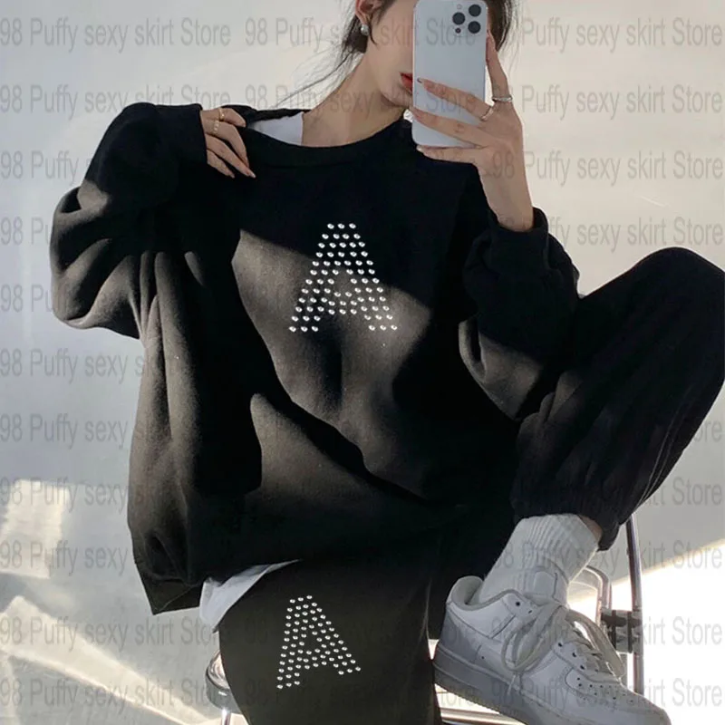 

2-piece Set Fashion 26 Letter Pattern Bling Rhinestone Printing Y2k Sweatshirts Gothic Women Hip-hop Cool Couple High Street