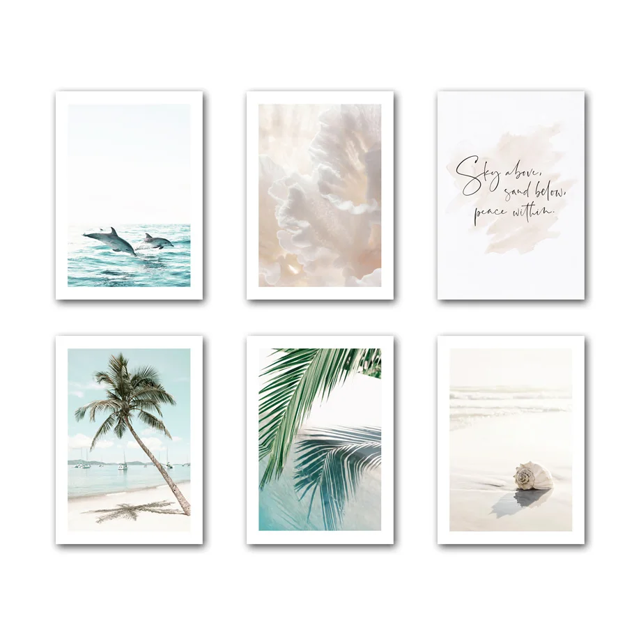 

Beach Seashell Palm Tree Leaf Dolphins Corals Quotes Wall Art Print Canvas Painting Nordic Poster Decor Pictures For Living Room