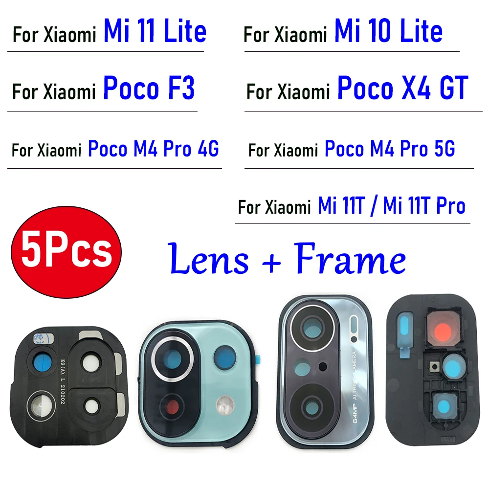 

5Pcs，100% Original Housing Back Rear Camera Glass Lens With Cover Frame Holder For Xiaomi Mi 11 10 Lite Poco F3 X4 GT M4 Pro 4G