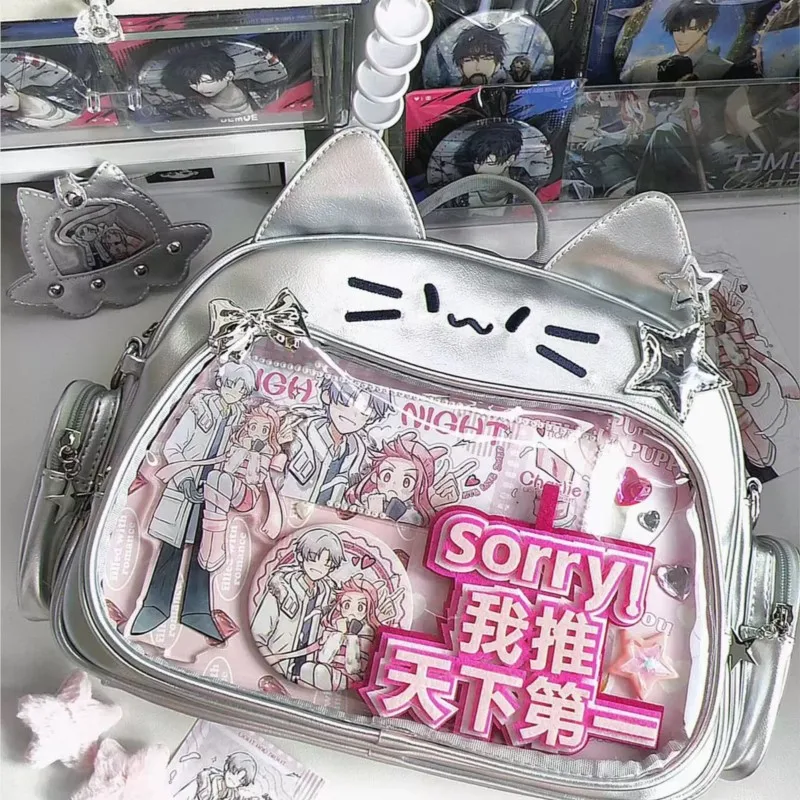 Фото JIAERDI серебристый школьный рюкзак с котом для женщин Новый Harajuku из искусственной кожи Лолита Y2k Рюкзаки Женские винтажные однотонные рюкзаки №5