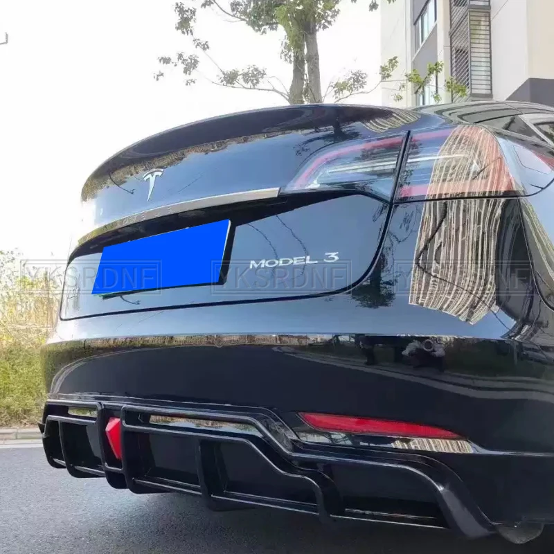 For Tesla Model 3 2018-2023 4-Door Rear Bumper Diffuser Lip ABS Carbon Fiber Look Car Boot Splitter Guard Spoiler Plate