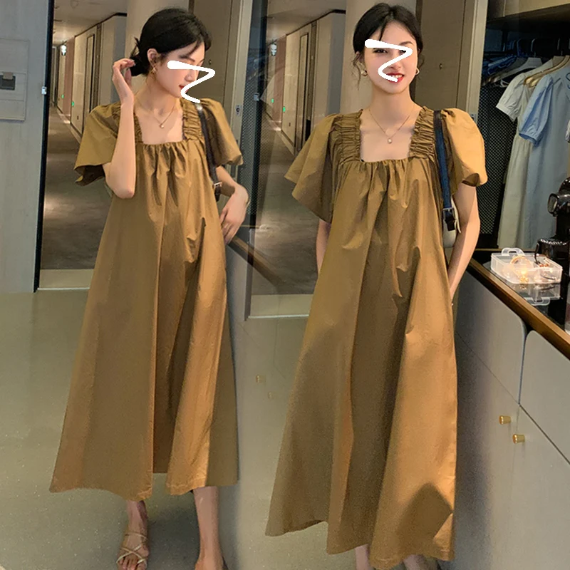 

2024 Women's Summer New French Square Collar Long Dress Female Solid Color Loose Vestidos Ladies Students A-line Dresses X113
