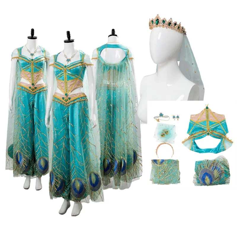 

Jasmine Cosplay Princess Fantasy Costume Adult Women Dress Cloak Gown Headband Outfits Halloween Carnival Disguise Party Suit