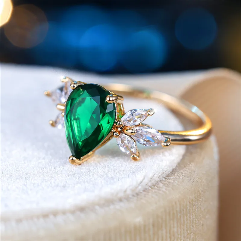 Cute Female Pear Cut Green Zircon Stone Water Drop Ring Charm Gold Color Wedding Jewelry For Women wedding rings,womens ring,jewelry rings,ring jewelry