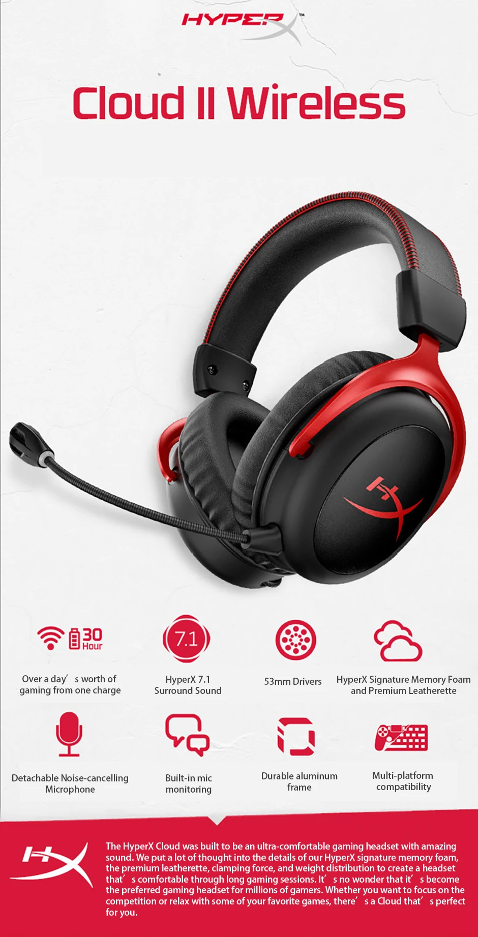 Hyperx Micro-casque Gamer Cloud Ii Filaire Rouge Surround 7.1 Ps4/xbox One