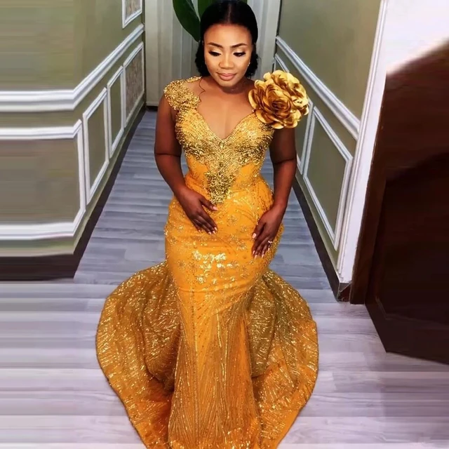 Glitter Gold Lace Aso Ebi Evening Dresses Handmade Flower Sequin Beaded  Formal Occasion Dress African Wedding Guest Party Gowns - AliExpress