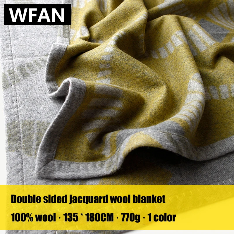 

High end light luxury gray blue double-sided jacquard wool blanket with handmade edging, Hotel shawl aircraft cover blanket