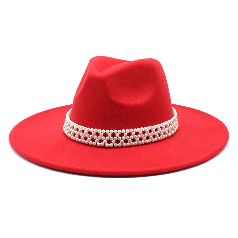 red fedora hat Fedoras Hats For Women French Pearl Elegant Felt Jazz Hats 9.5CM Wide Brim Trilby Formal Party Cap Wedding Dress Hat fedoras