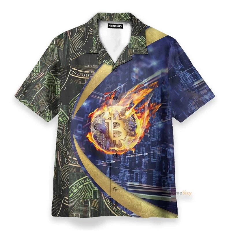 Camisas de playa con estampado 3D de Bitcoin para hombre, camisas de manga corta con botones, estilo hawaiano, blusas casuales para hombre