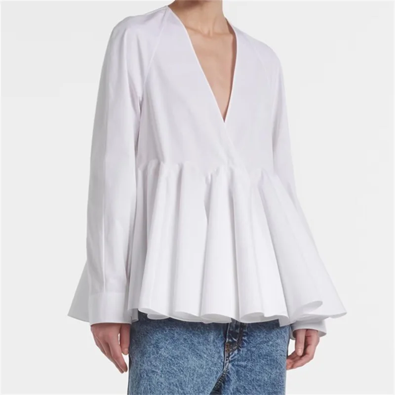Women's shirt New pleated slim fit V-neck long sleeved top for summer 2025 100% cotton Women's blouse y2k casual tops for woman