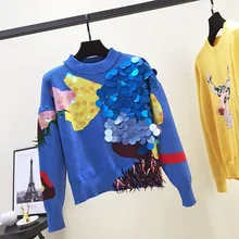 

2022 Spring Women Blue Sweaters Pullover Runway Designer Luxury Sequined Christmas Korean Pull Knit Jumper Clothes