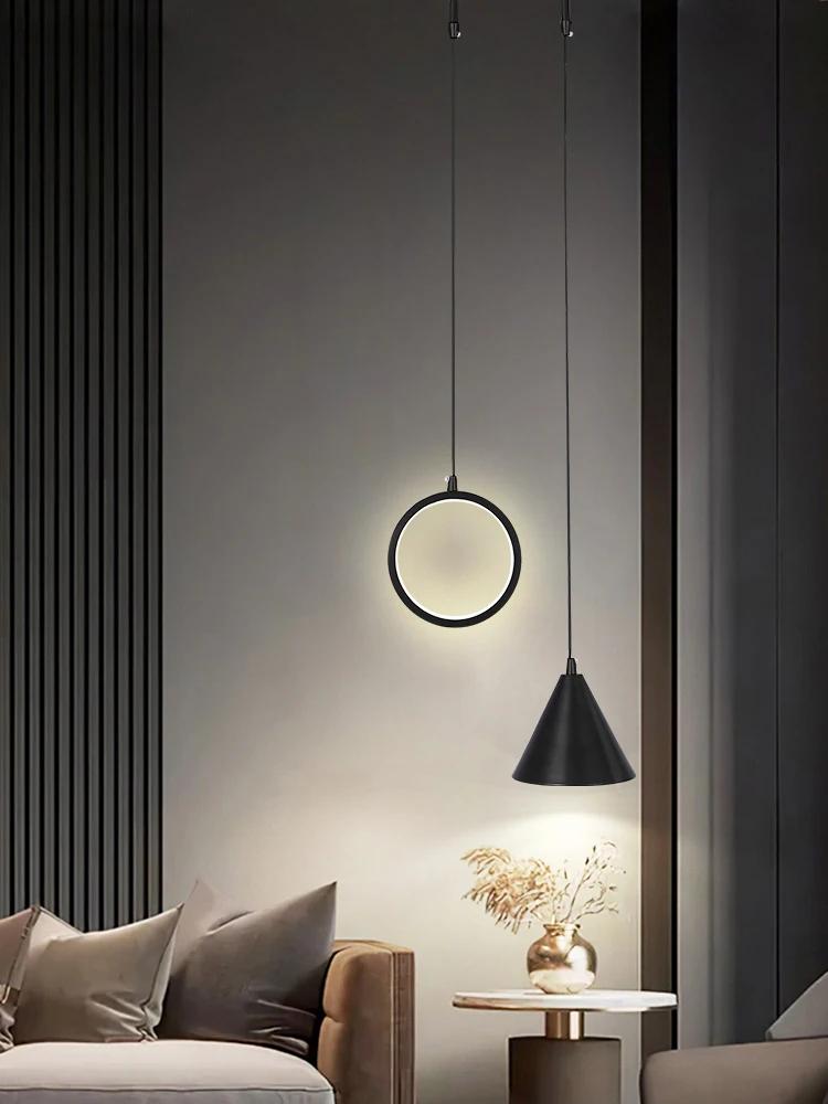 

Маленькая Подвесная лампа с двойной головкой и длинной линией, креативное кольцо в скандинавском стиле, прикроватная лампа с треугольным абажуром, осветительный прибор