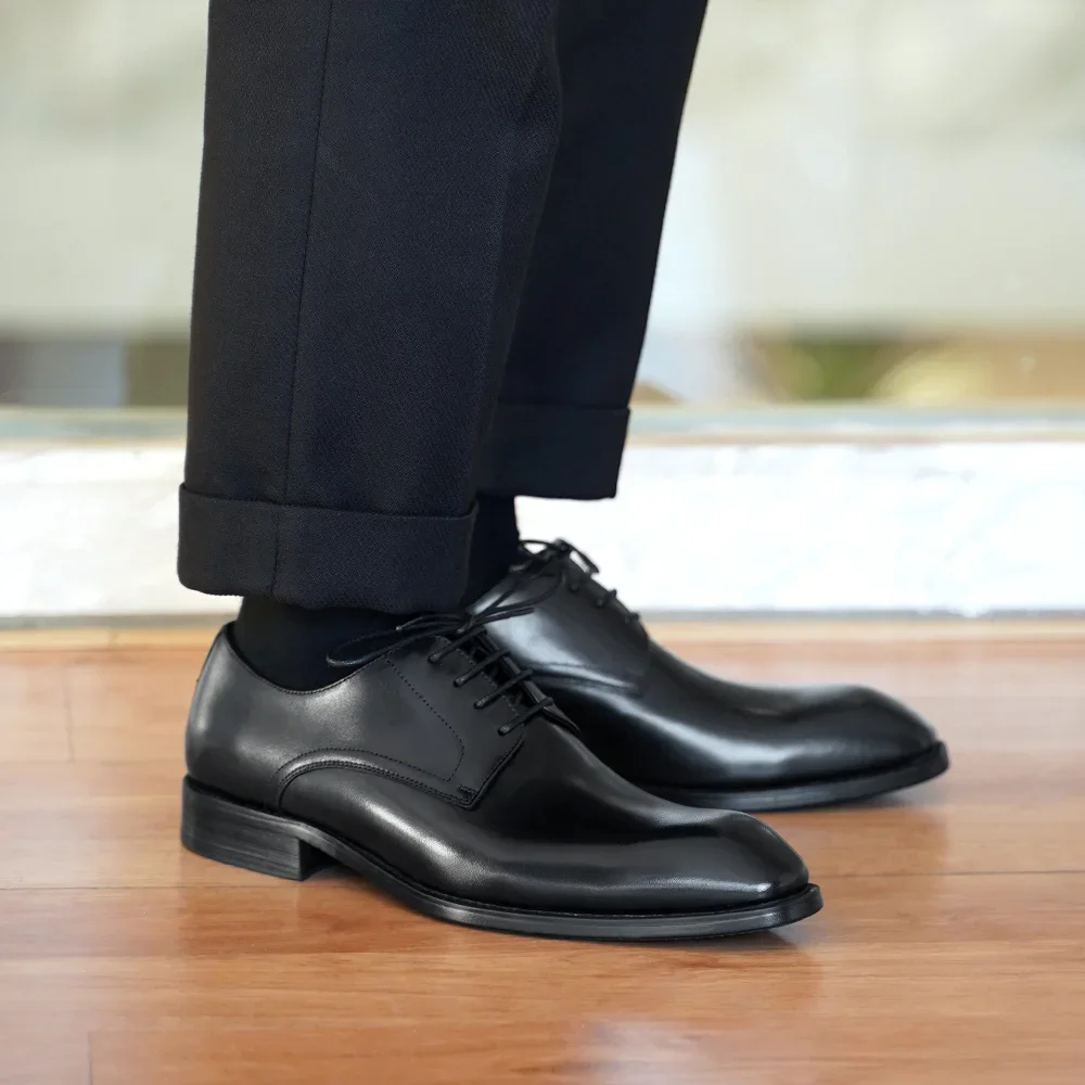 Italian Flat Mens Dress Shoes Genuine Leather Handmade Square Toe Laces Up Business Party Social Shoes mens leather dress shoes