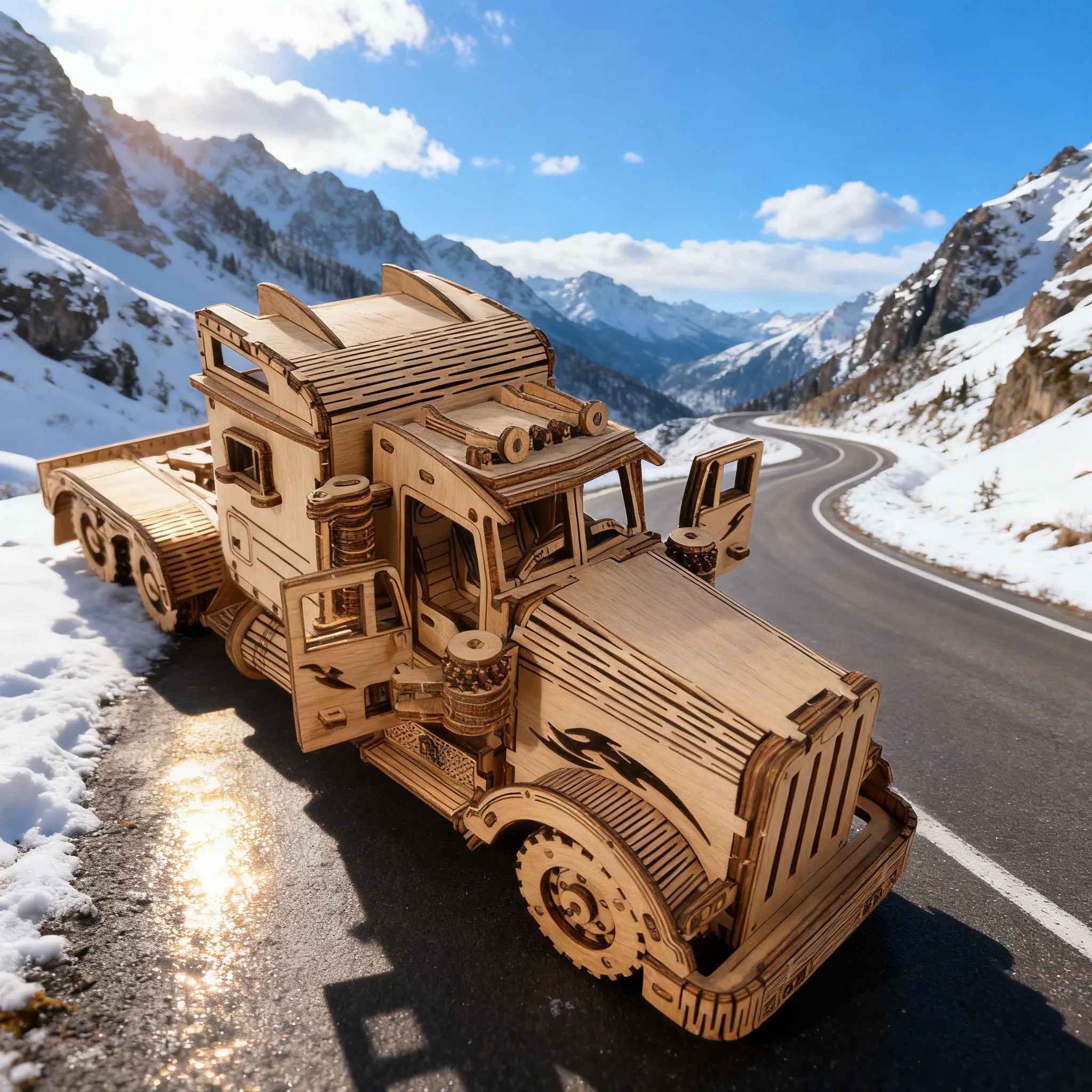 Wooden Semi-Trailer Truck Puzzle – DIY Hand-Assembled Model 5