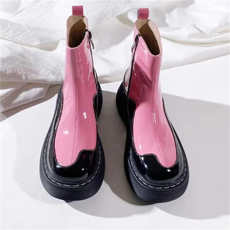 

Side Zippers Shoes for Ladies Round Toes Women Boots Patent Leather Femme Sewing Lines Zapatos Mujer Mixed Colors Female Botas