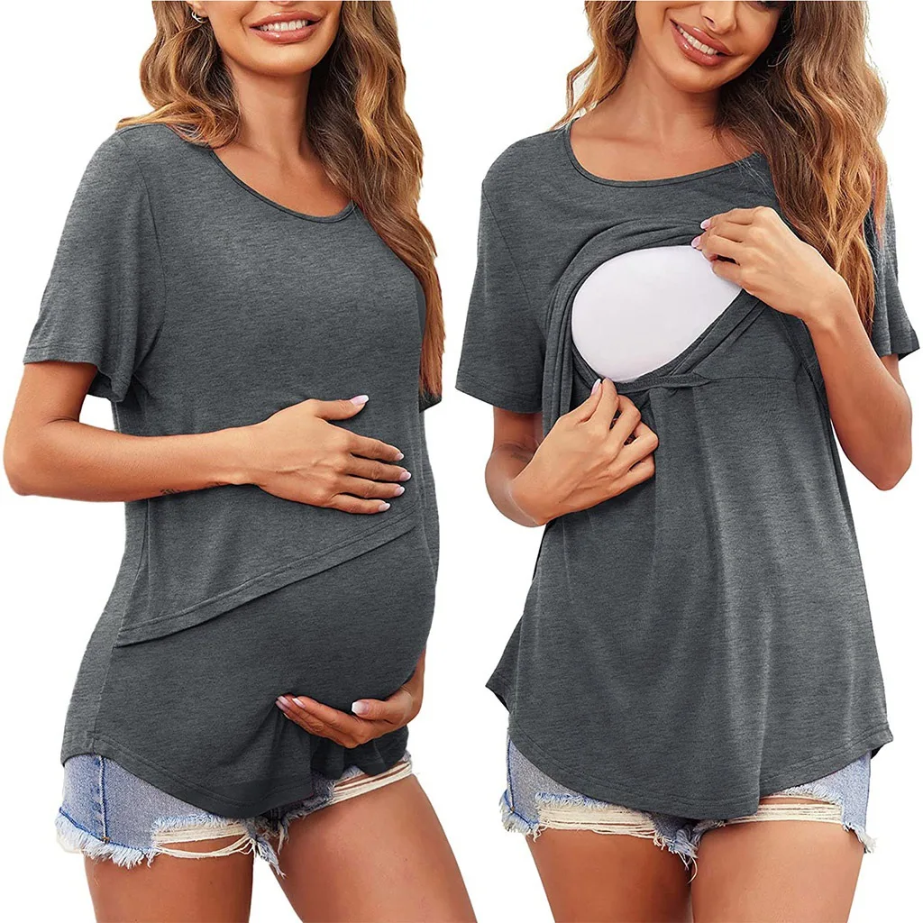 Women Maternity Breastfeeding Tee Nursing Tops Solid Color Short Sleeve T-shirt Plus Size S-2XL Maternity Clothing Tees 5