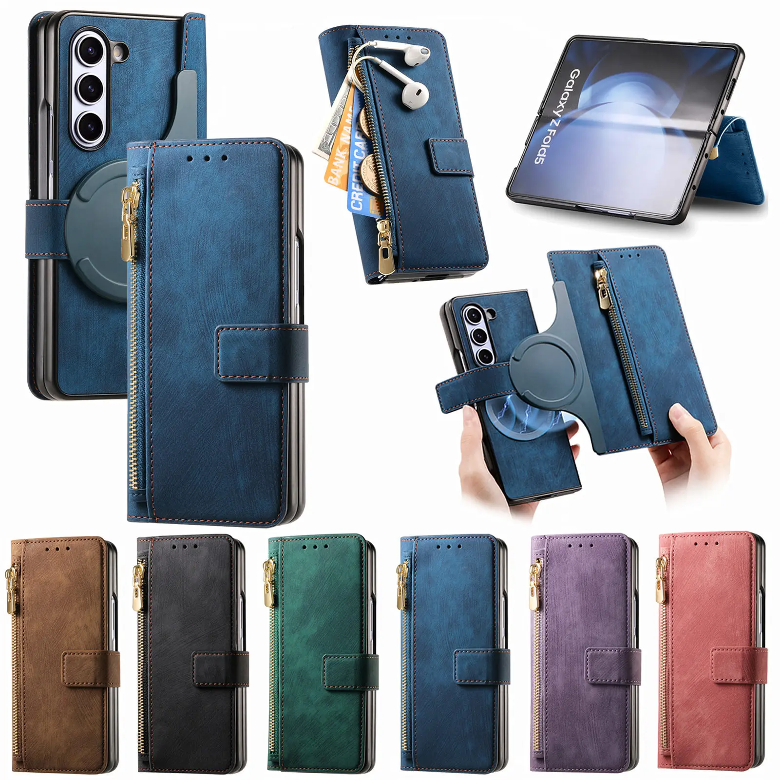 

Магнитный съемный кожаный чехол на молнии для телефона Samsung Galaxy Z Fold 5 4 3 Magsafe Z Fold4 защитный чехол