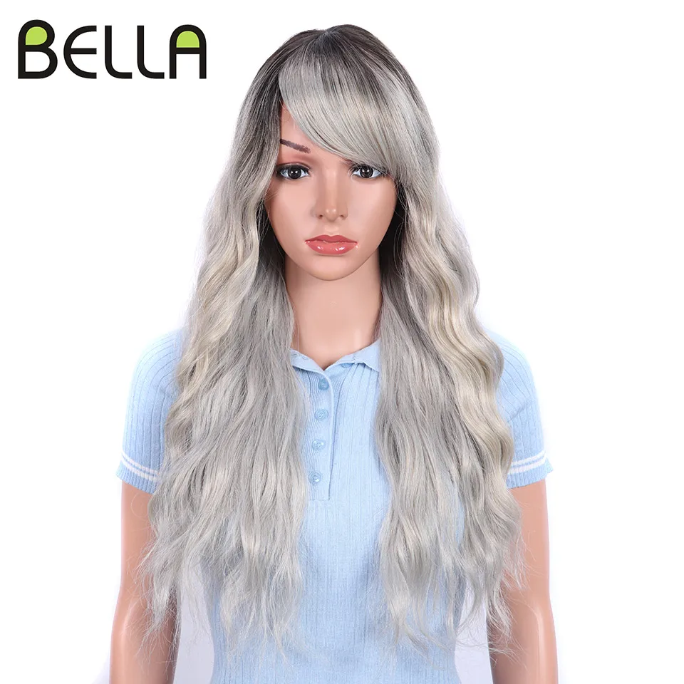 

Synthetic Wig Long Deep Wavy 26" Ombre Blonde Gray Brown Light color Wig With Bangs Cosplay Wigs For Women Heat Resistant Fiber